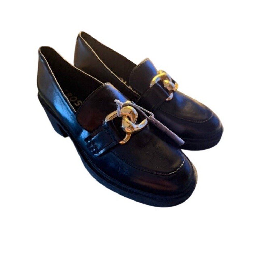 Aerosoles Womens Black Leather Chunky Block Heel Loafers Gold Chain Detail 8.5M